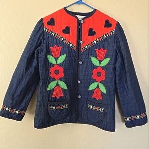 Vintage Ellen Miklas Blue and Red Embroidered Floral Quilted Jacket